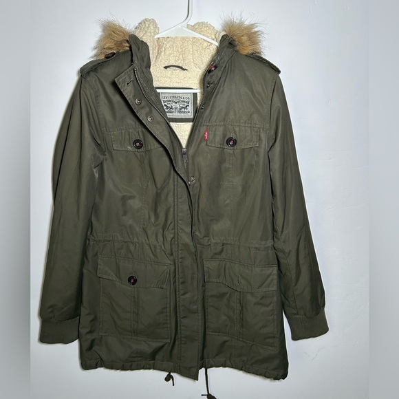 Levi’s Women's Army Green Parka Jacket with Faux Fur Trim Small - Picture 2 of 6